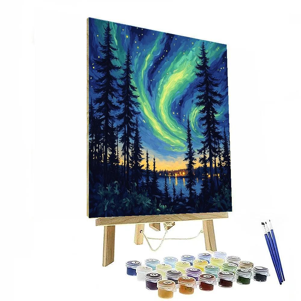 Van Gogh Inspired Aurora Over Pine Forest Number painting