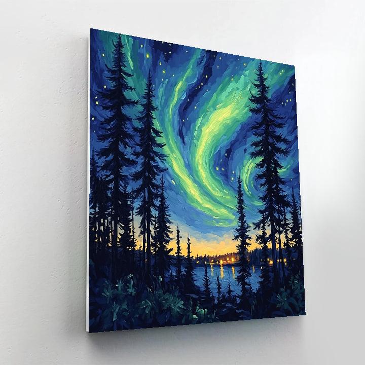 Van Gogh Inspired Aurora Over Pine Forest Number painting