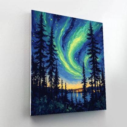 Van Gogh Inspired Aurora Over Pine Forest Number painting