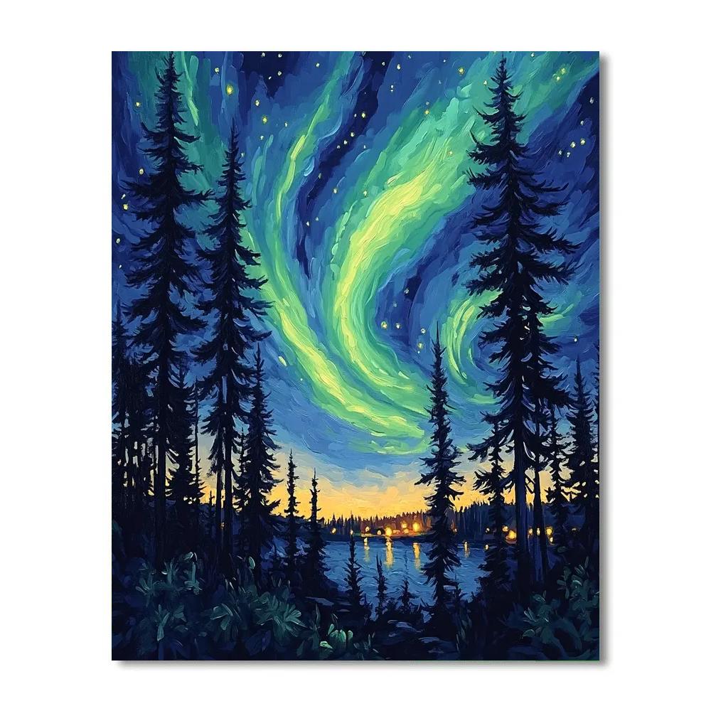 Van Gogh Inspired Aurora Over Pine Forest Number painting