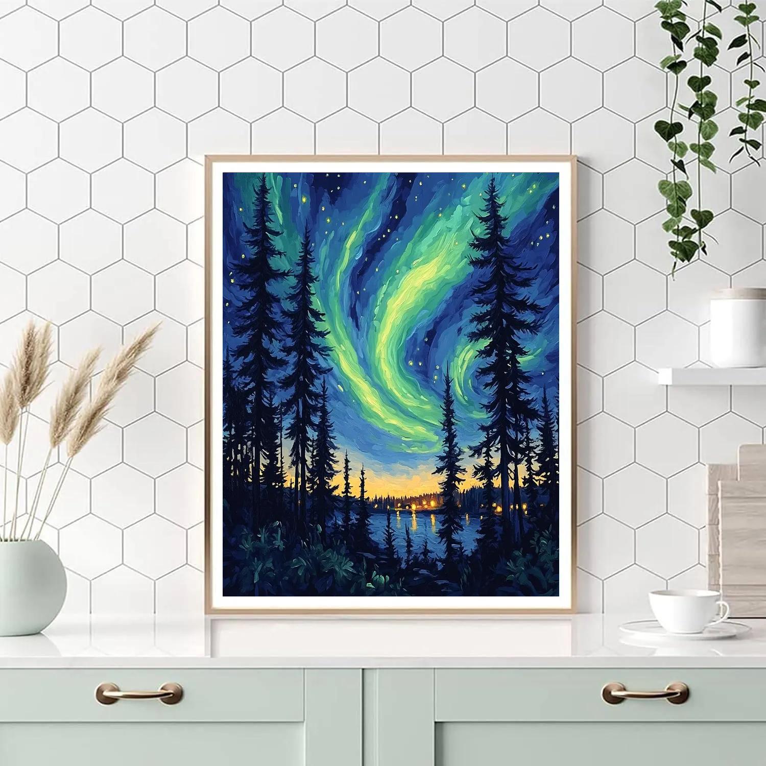 Van Gogh Inspired Aurora Over Pine Forest Number painting