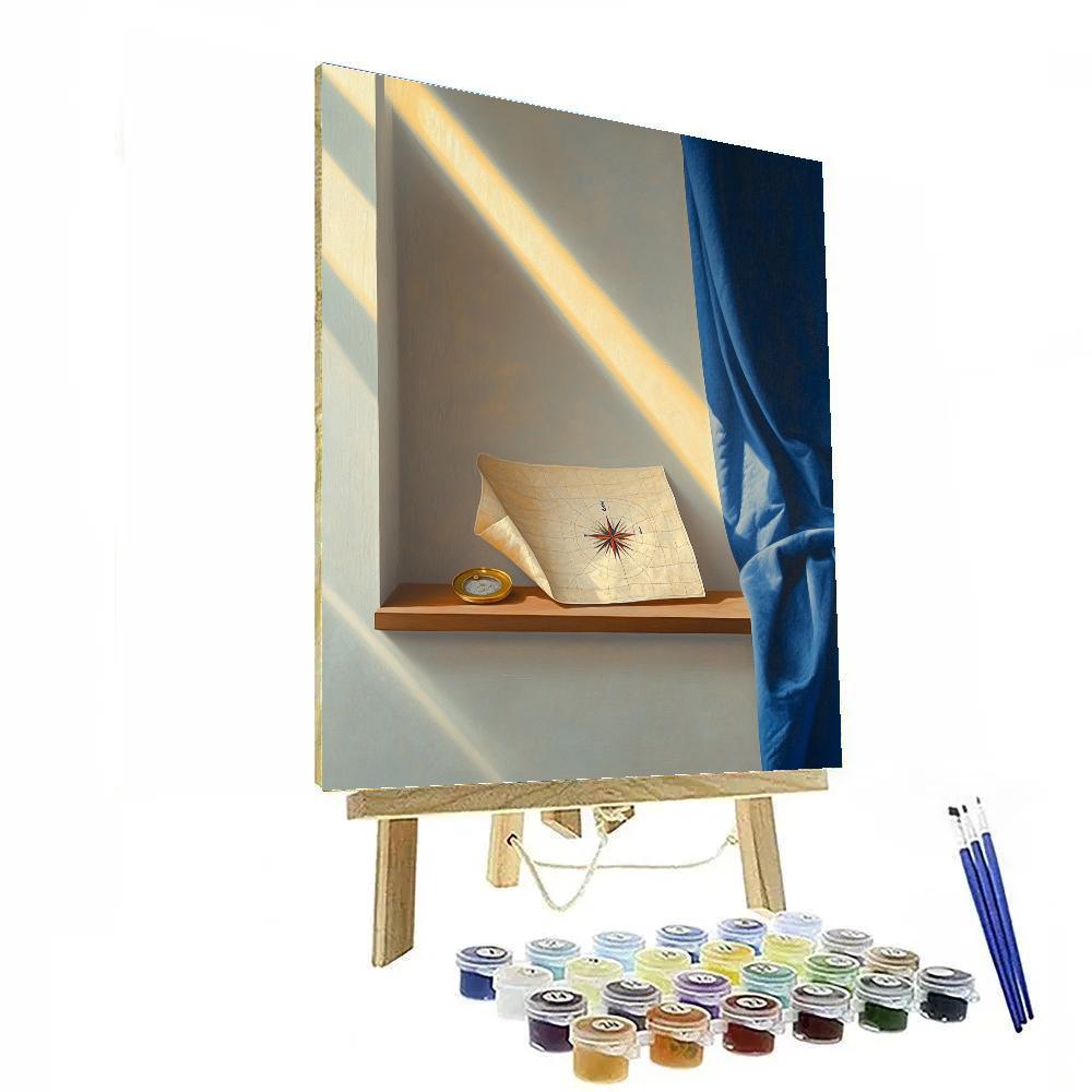 Johannes Vermeer Inspired Sunlit Map Niche With Brass Compass And Draped Cloth Painting by numbers kit