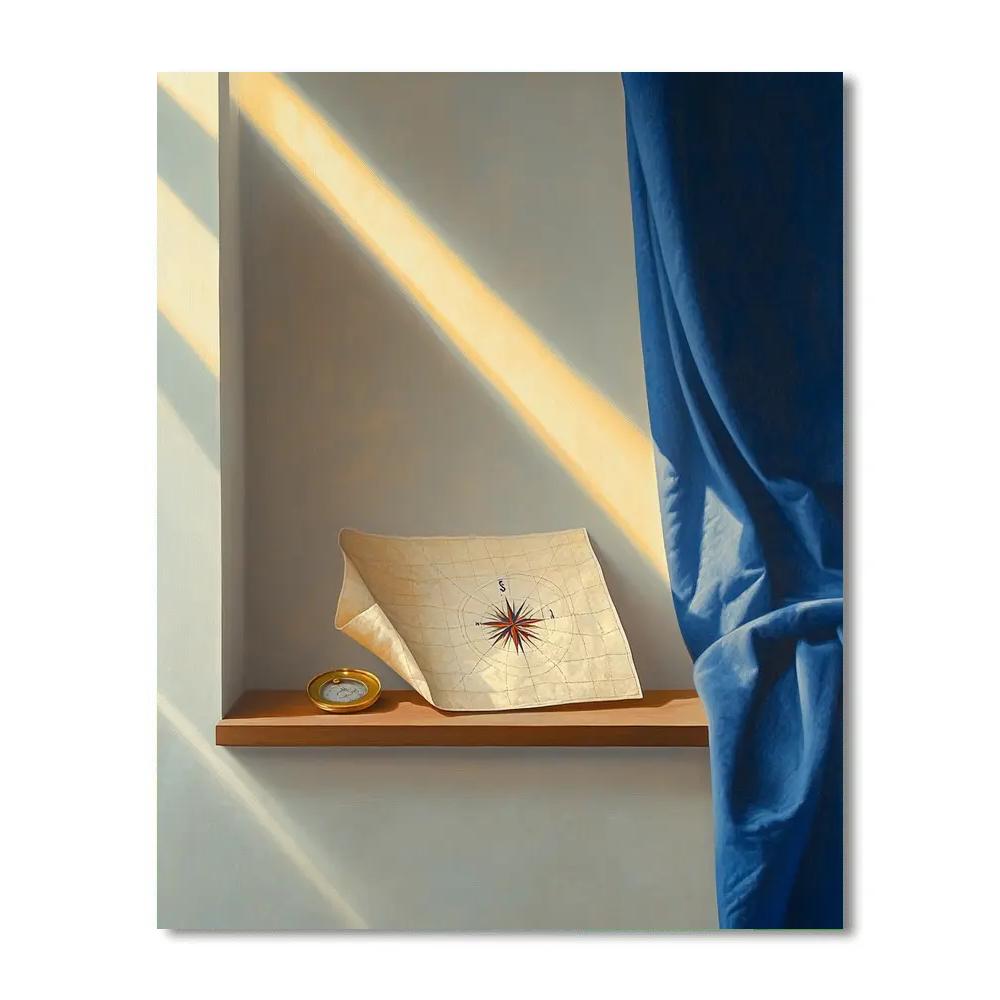 Johannes Vermeer Inspired Sunlit Map Niche With Brass Compass And Draped Cloth Painting by numbers kit