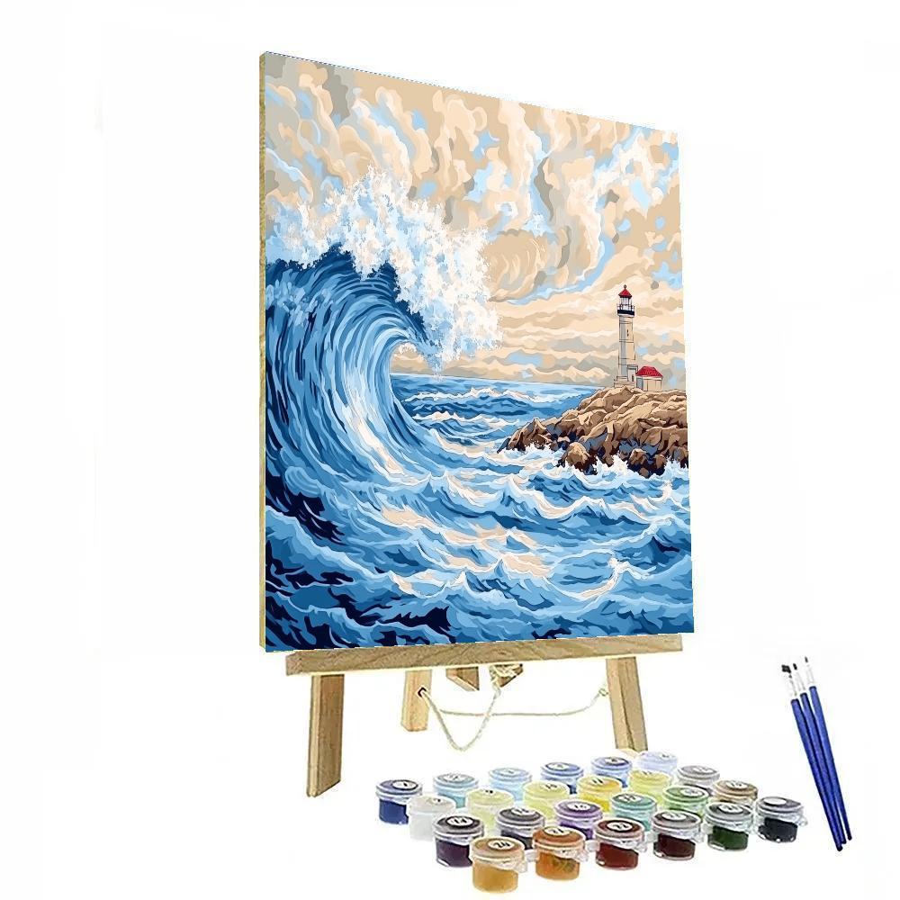Hokusai Inspired Storm Waves And Lighthouse paint by color