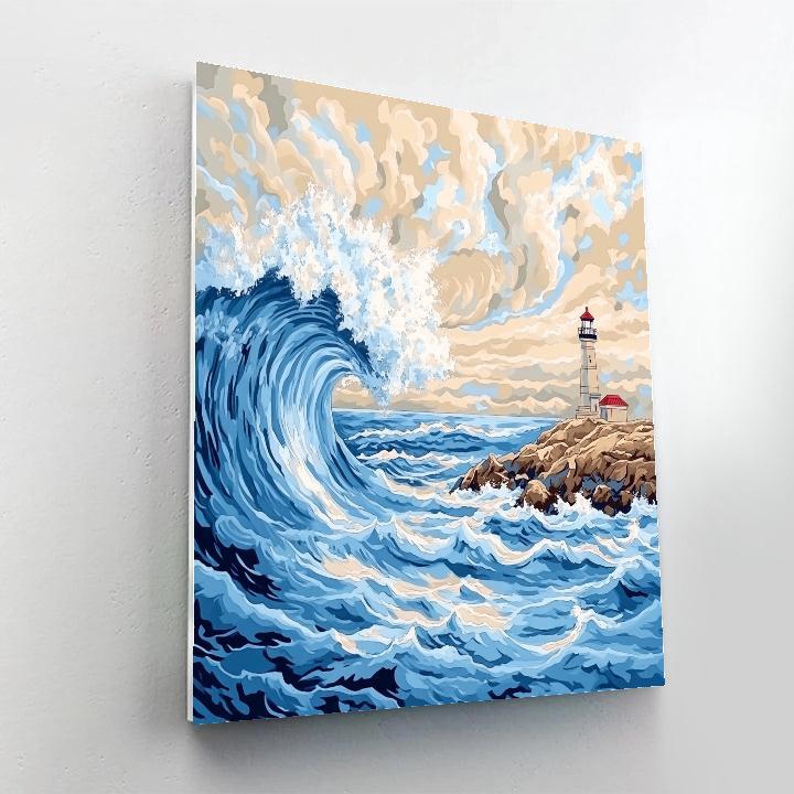 Hokusai Inspired Storm Waves And Lighthouse paint by color