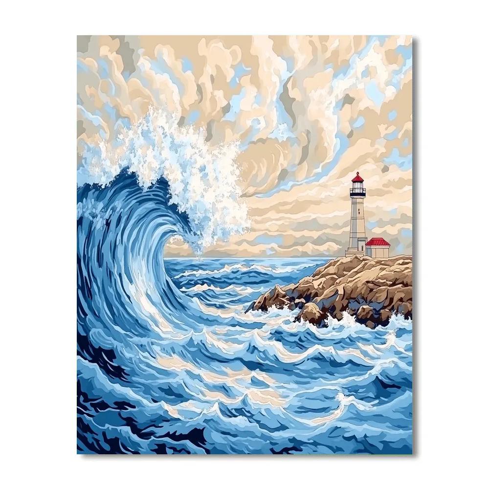 Hokusai Inspired Storm Waves And Lighthouse paint by color