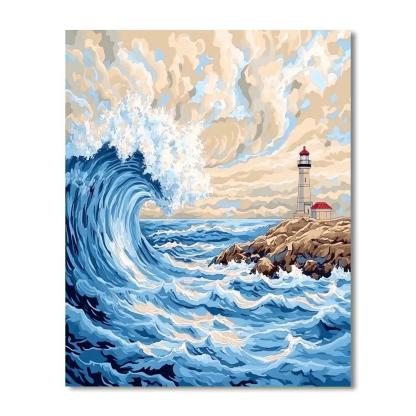 Hokusai Inspired Storm Waves And Lighthouse paint by color