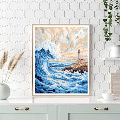 Hokusai Inspired Storm Waves And Lighthouse paint by color