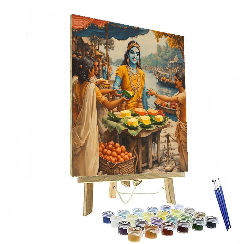 Krishna Serving Butter At The River Market Stall paint by number