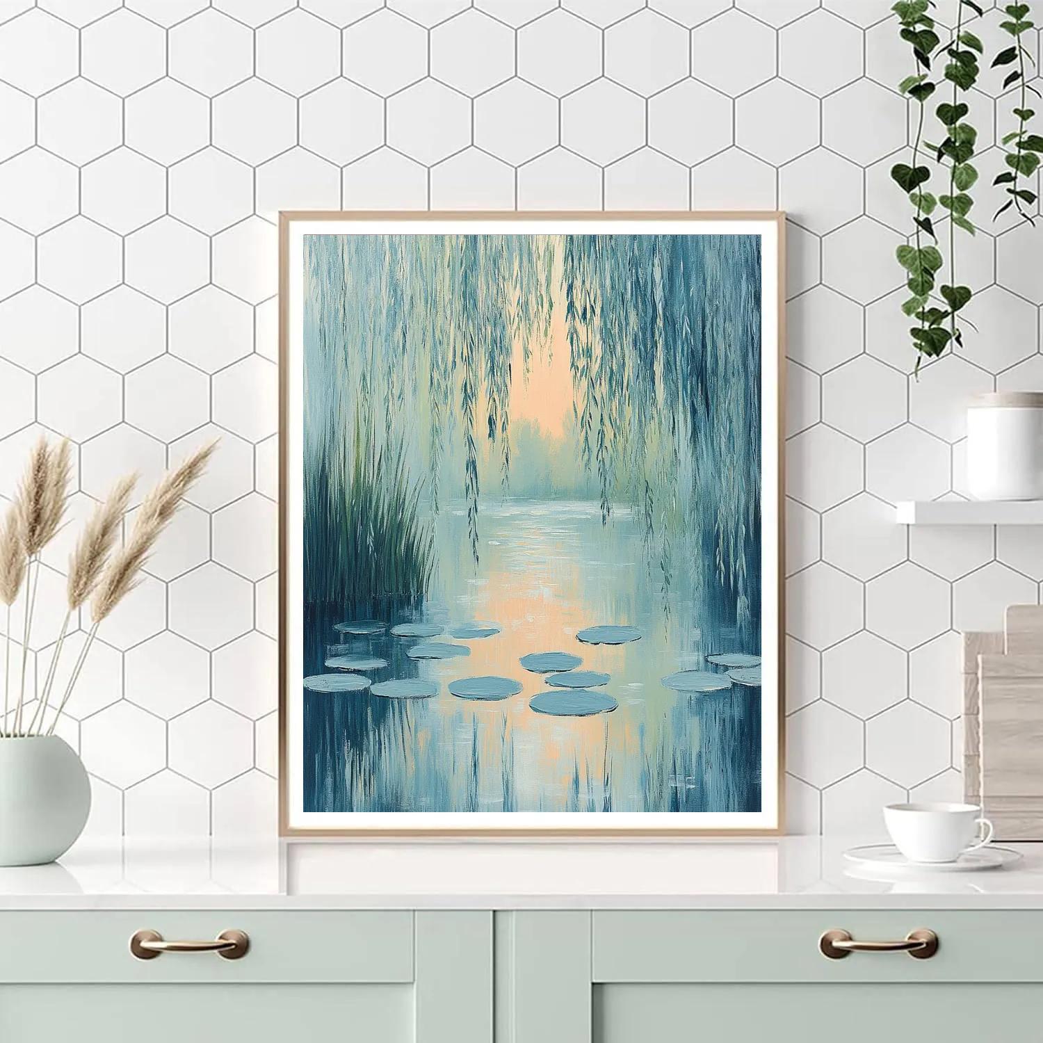 Claude Monet Inspired Willow Veil Over Silver Pond paint by color