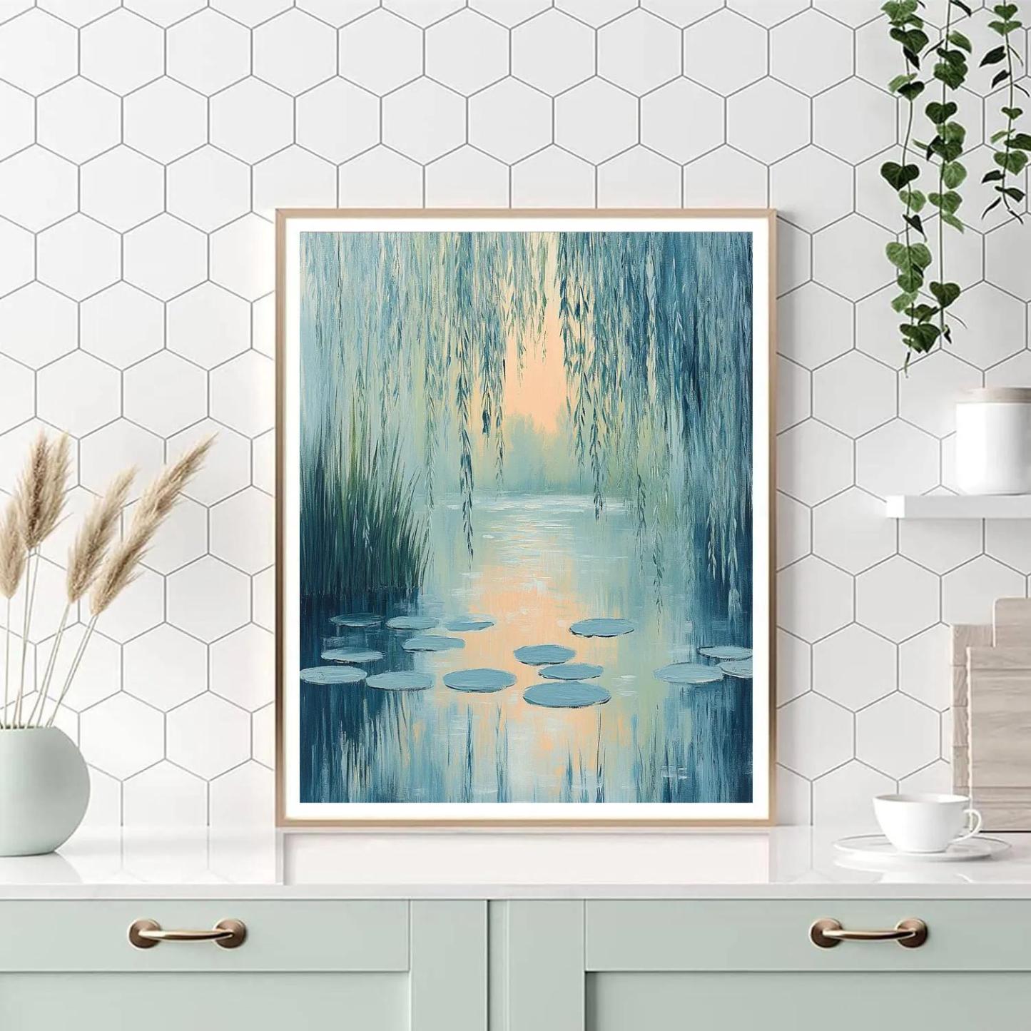 Claude Monet Inspired Willow Veil Over Silver Pond paint by color