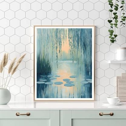 Claude Monet Inspired Willow Veil Over Silver Pond paint by color