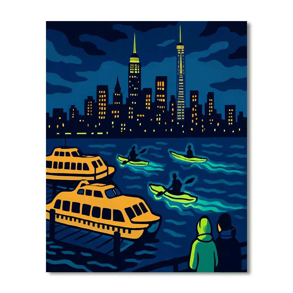 Midnight Kayaks In New York Glow Numbered painting kits
