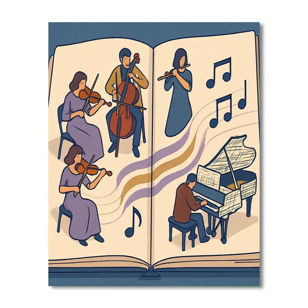 Paper Cutout Orchestra With Music In The Margins paint by color