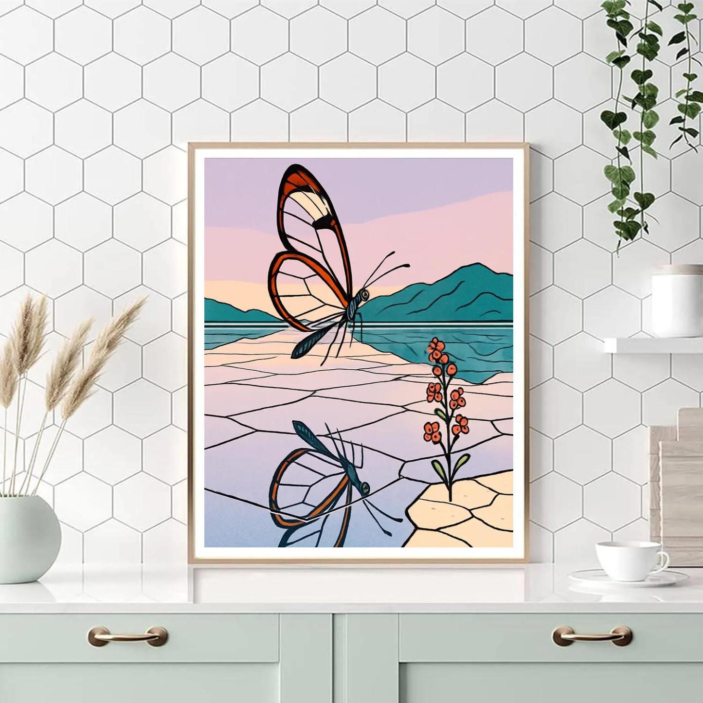 Glasswing Butterfly Over Mirror Salt Flats paint by numbers