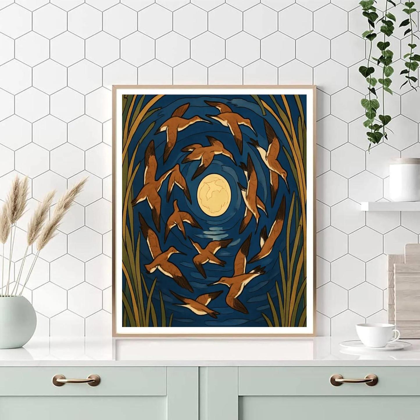 Moonlit Spiral Flight, Birds In Migration Paint by numbers art