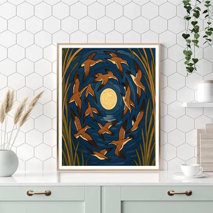 Moonlit Spiral Flight, Birds In Migration Paint by numbers art