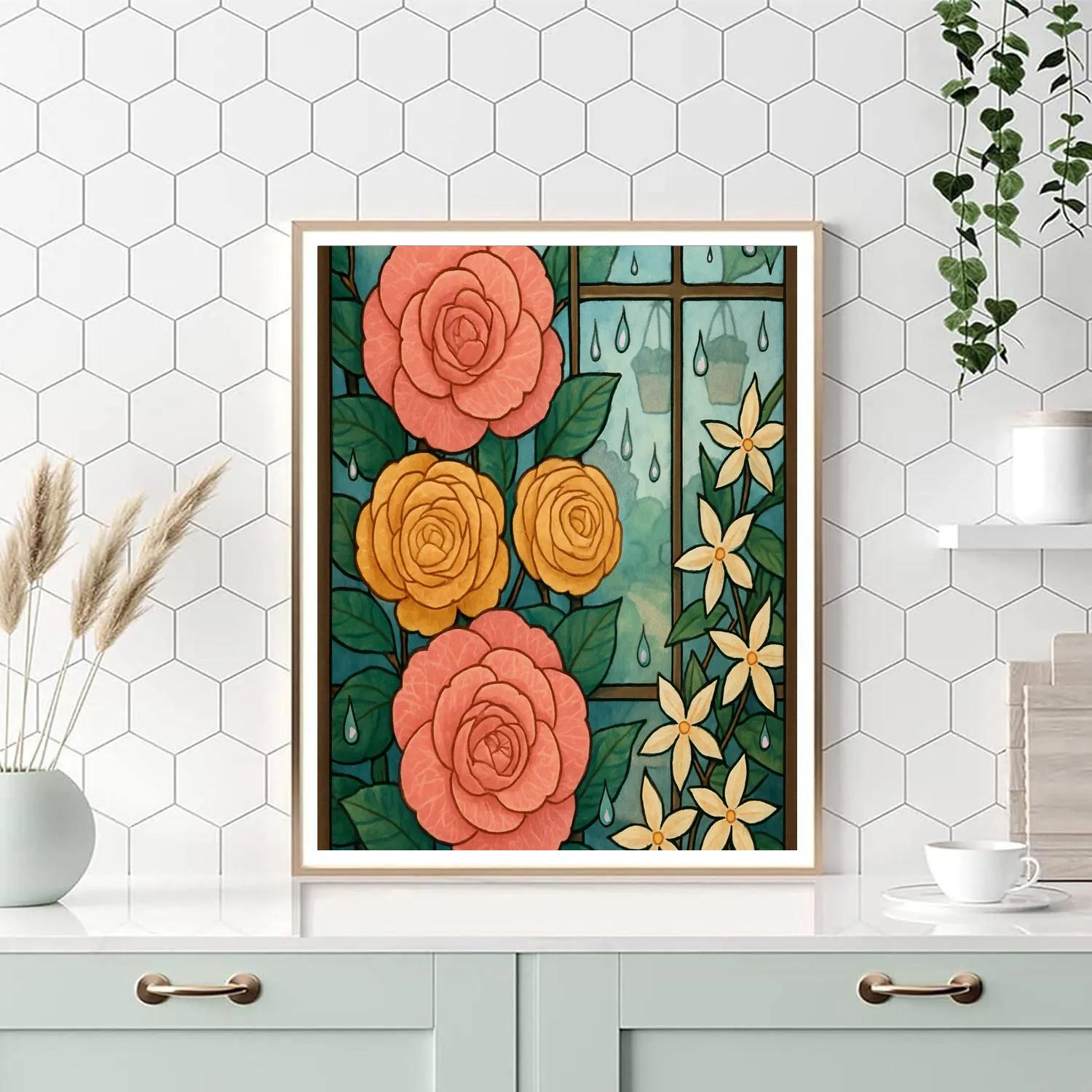 Glasshouse Rainfall, Floral Mosaic paint by numbers