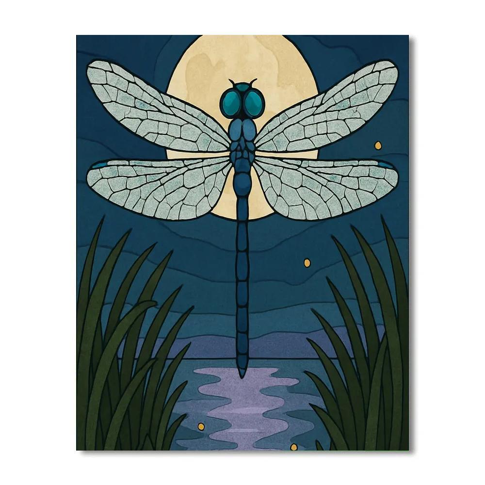 Moonlit Marsh Dragonfly Compass paint by numbers
