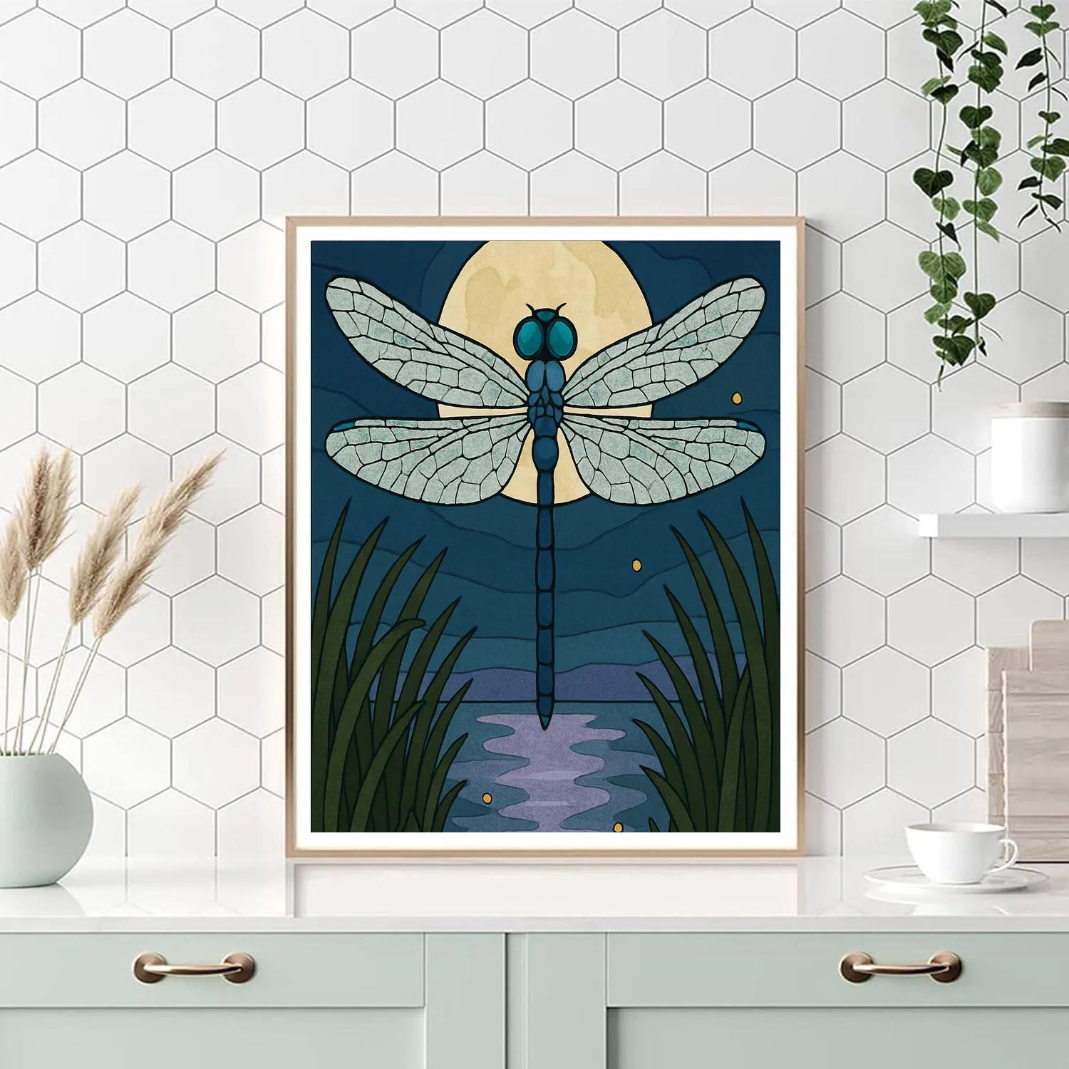 Moonlit Marsh Dragonfly Compass paint by numbers