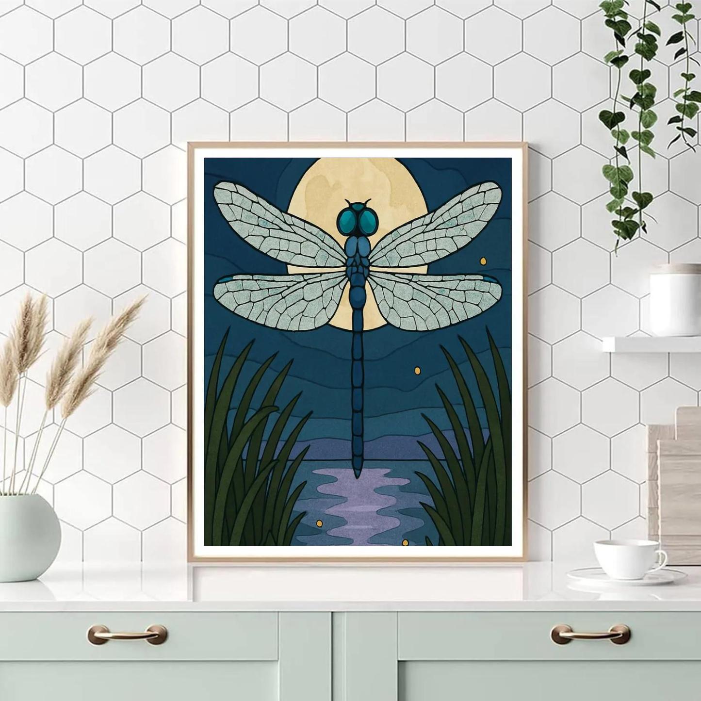 Moonlit Marsh Dragonfly Compass paint by numbers