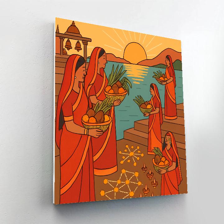 India Constellation Chhath Ghat Ceremony Number painting
