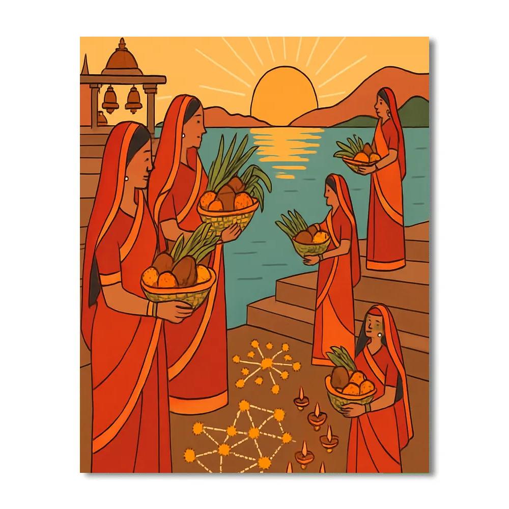India Constellation Chhath Ghat Ceremony Number painting