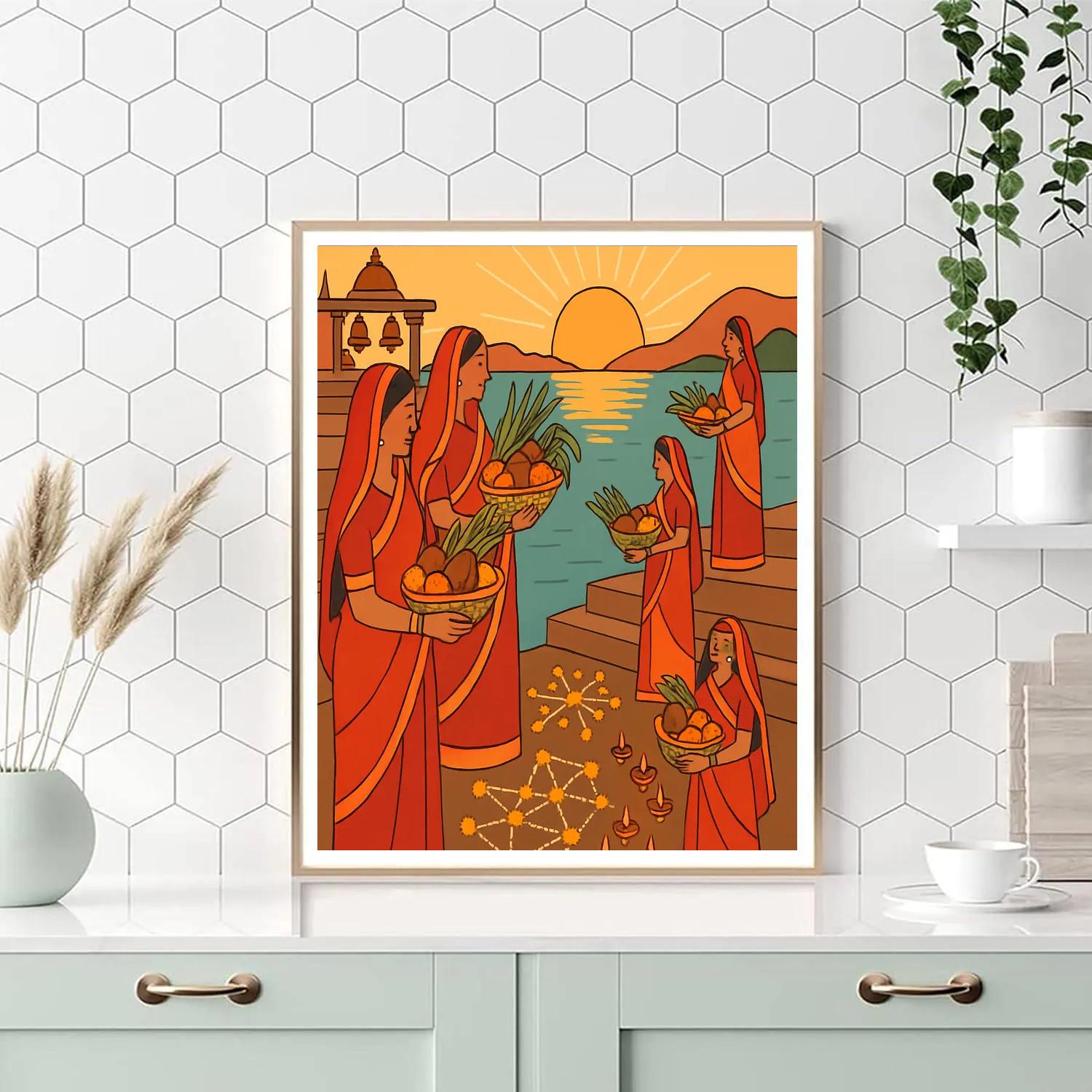 India Constellation Chhath Ghat Ceremony Number painting