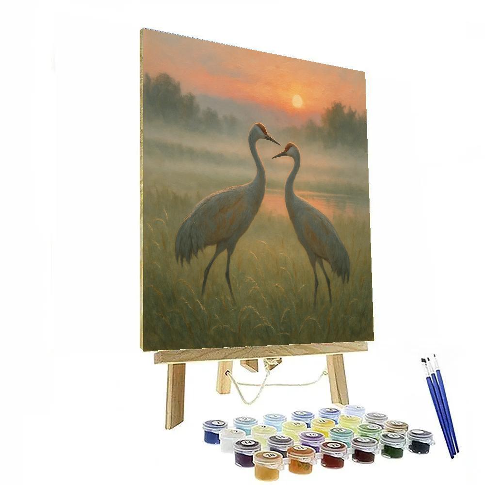 Misty Meadow Crane Sunrise paint by number