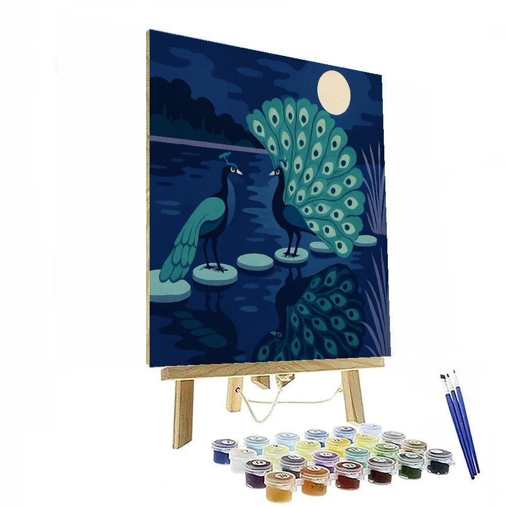 Moonlit Lagoon With Peacock Courtship DIY paint by numbers