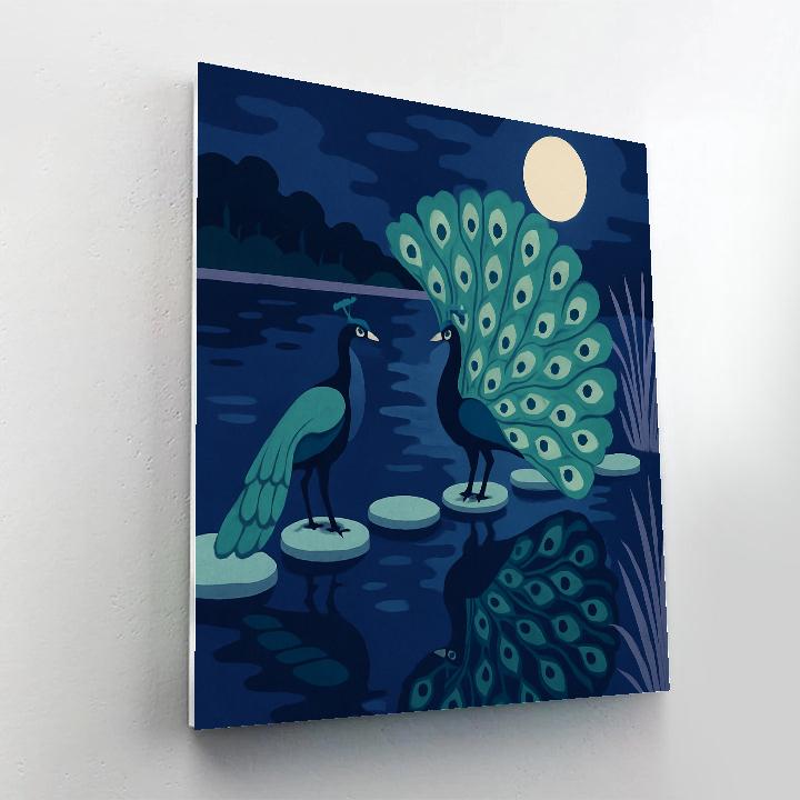 Moonlit Lagoon With Peacock Courtship DIY paint by numbers