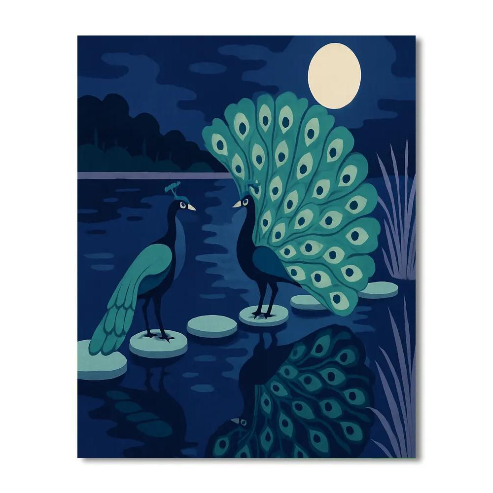 Moonlit Lagoon With Peacock Courtship DIY paint by numbers