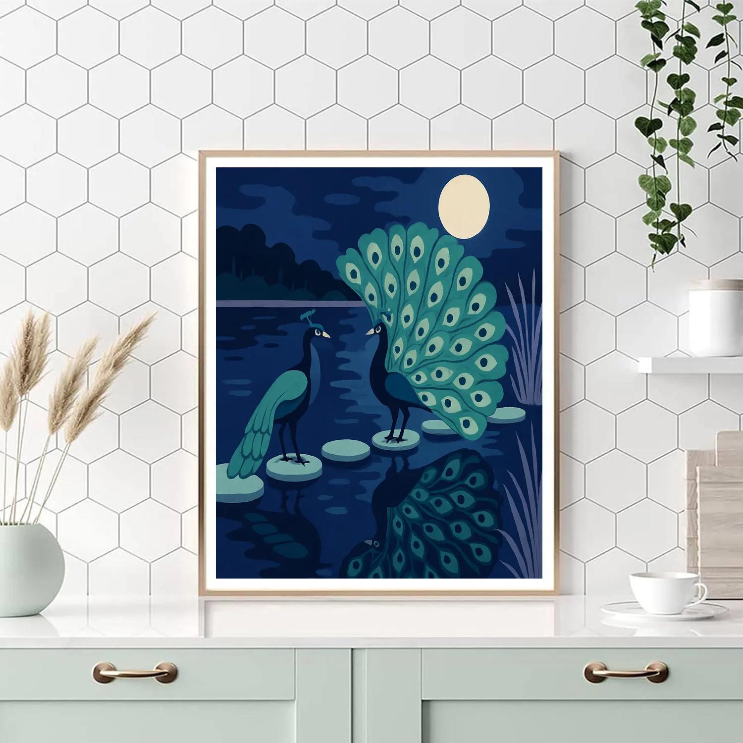 Moonlit Lagoon With Peacock Courtship DIY paint by numbers