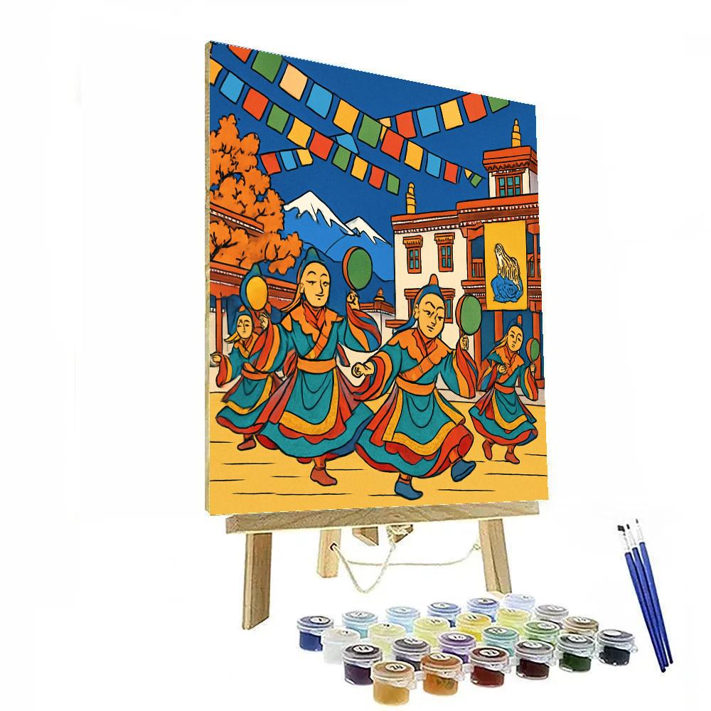 Hemis Masked Dance With India Prayer Flags painting number kit