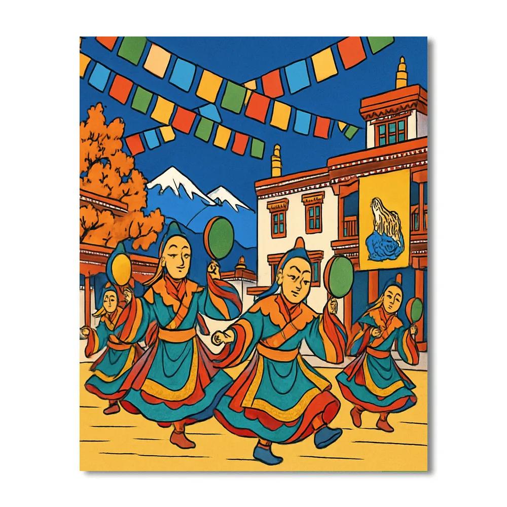Hemis Masked Dance With India Prayer Flags painting number kit