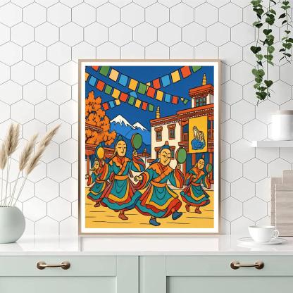 Hemis Masked Dance With India Prayer Flags painting number kit