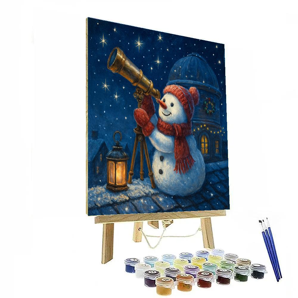 Snowman Astronomer On A Rooftop Observatory Paint by numbers kits