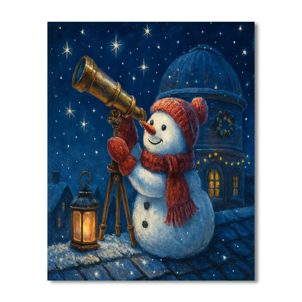 Snowman Astronomer On A Rooftop Observatory Paint by numbers kits