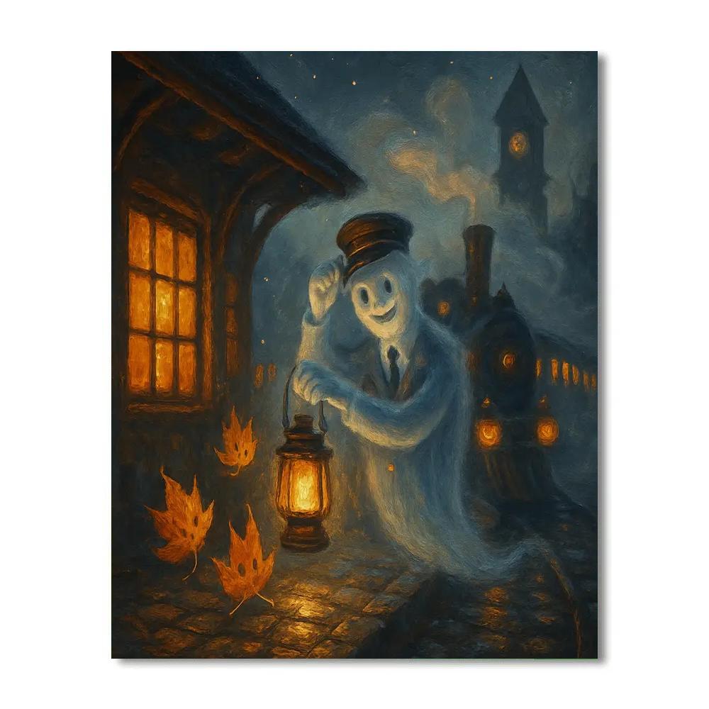 The Cozy Haunted Train Station At Pumpkin Hollow painting number kit