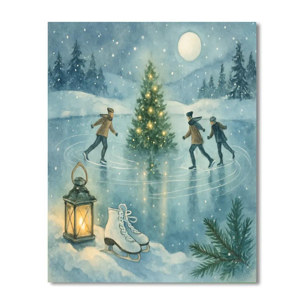 Moonlit Ice Skaters On A Mirror Lake paint by number