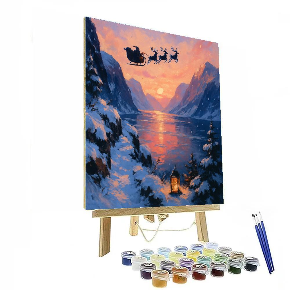 Santa Sleigh Silhouette Above A Sunrise Fjord DIY paint by numbers