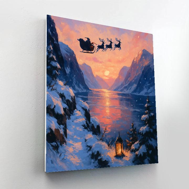 Santa Sleigh Silhouette Above A Sunrise Fjord DIY paint by numbers
