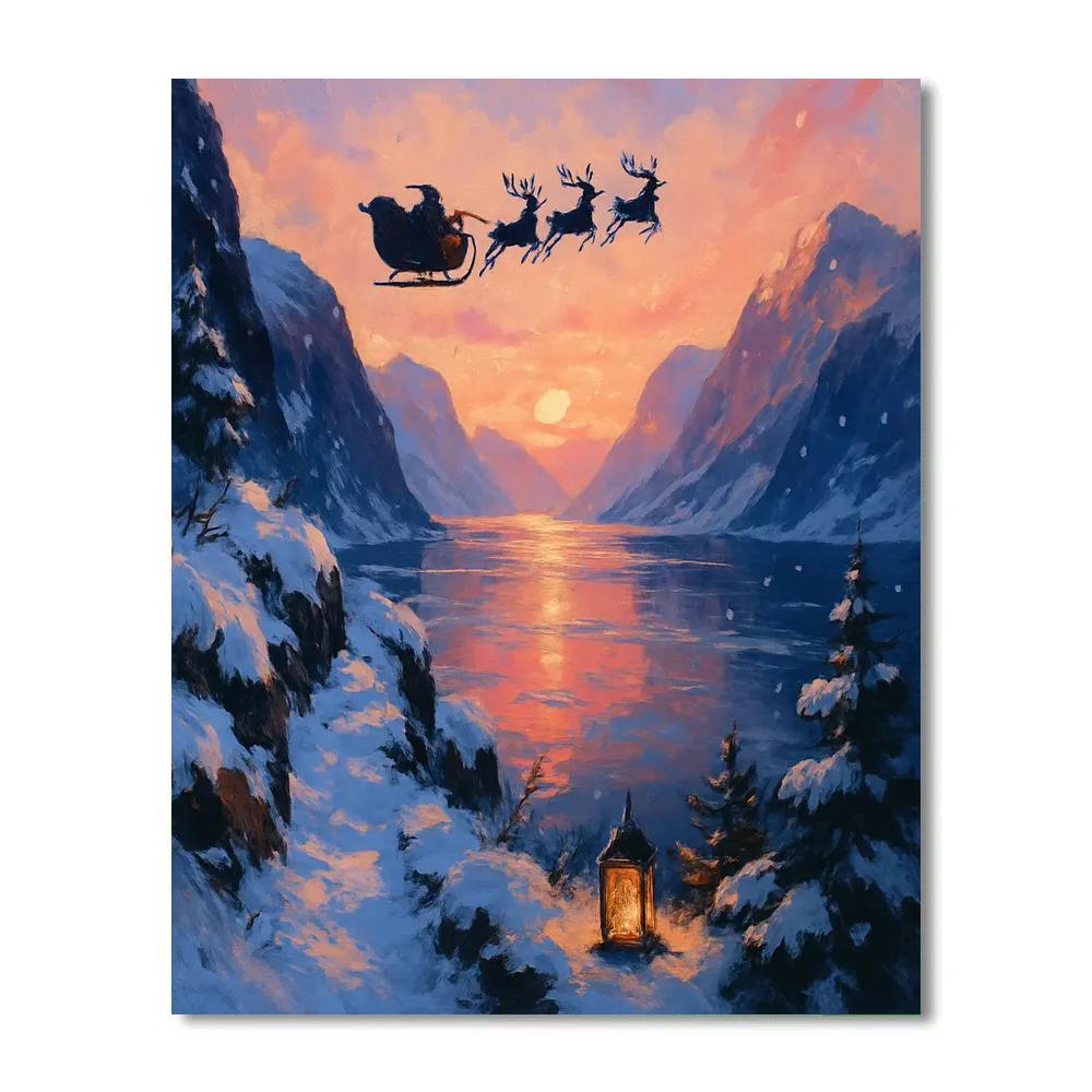 Santa Sleigh Silhouette Above A Sunrise Fjord DIY paint by numbers