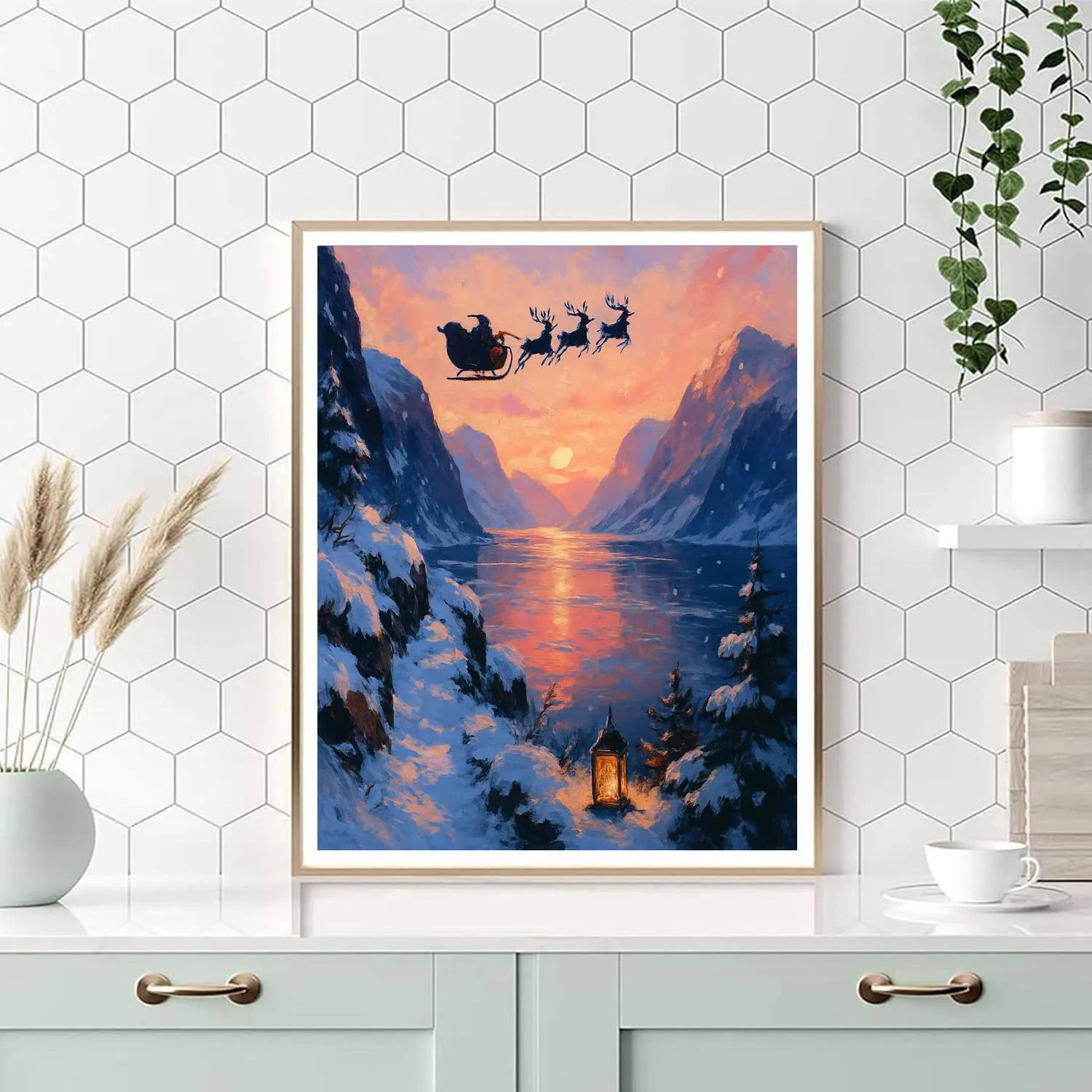Santa Sleigh Silhouette Above A Sunrise Fjord DIY paint by numbers