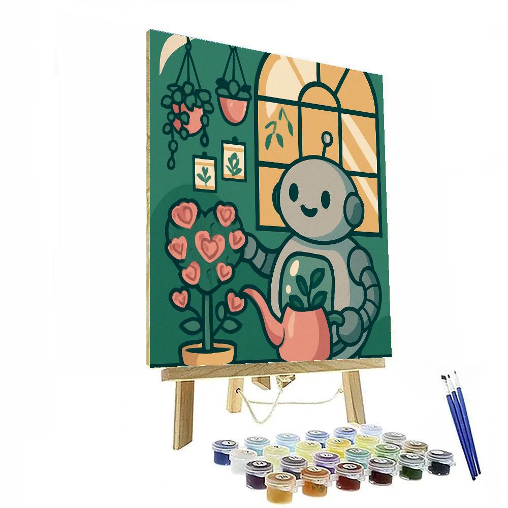 Valentines Day Robot Gardener In A Heart Greenhouse Painting by numbers kit