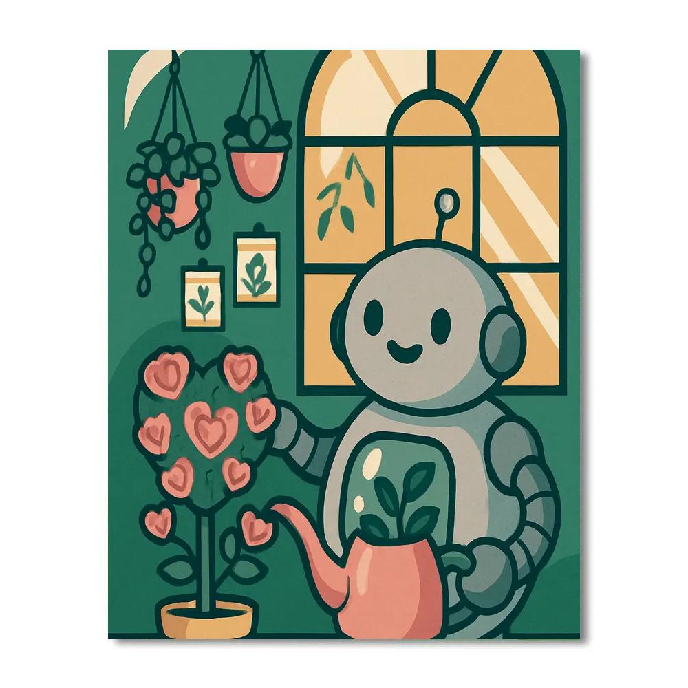 Valentines Day Robot Gardener In A Heart Greenhouse Painting by numbers kit