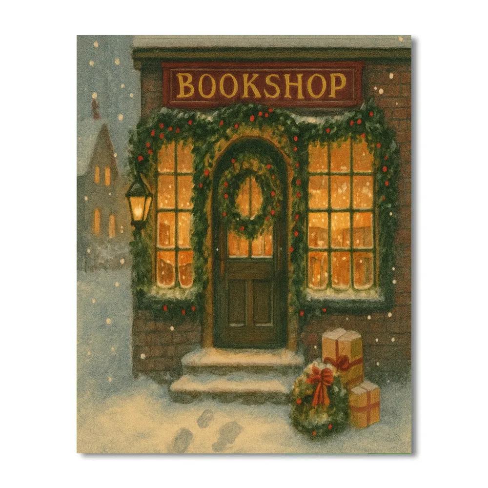 Snowy Bookshop With Garland Arches Painting by numbers kit