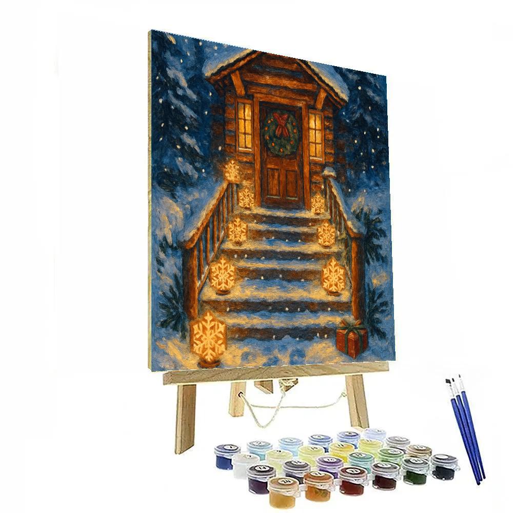 Mountain Lodge Stairway Of Lantern Snowflakes paint by color