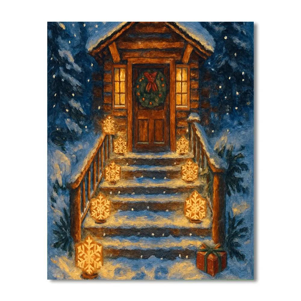 Mountain Lodge Stairway Of Lantern Snowflakes paint by color