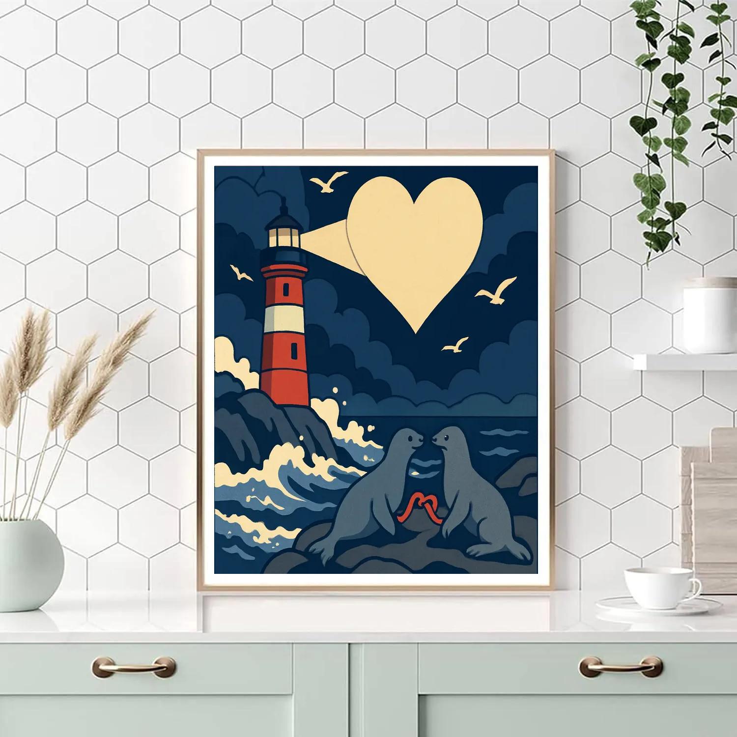 Valentines Day Lighthouse Sending Heart Beams Numbered painting kits